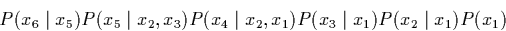 \begin{displaymath}
P(x_6 \mid x_5)P(x_5 \mid x_2,x_3)P(x_4 \mid x_2,x_1)P(x_3 \mid x_1)P(x_2 \mid x_1)
P(x_1)
\end{displaymath}